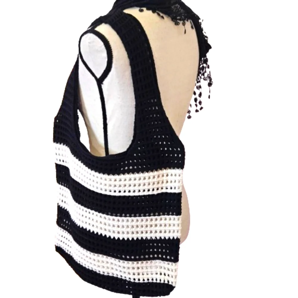 Hobo Black/Cream Stripe Crochet Knit Bohemian Tote Handbag,Large,NWOT